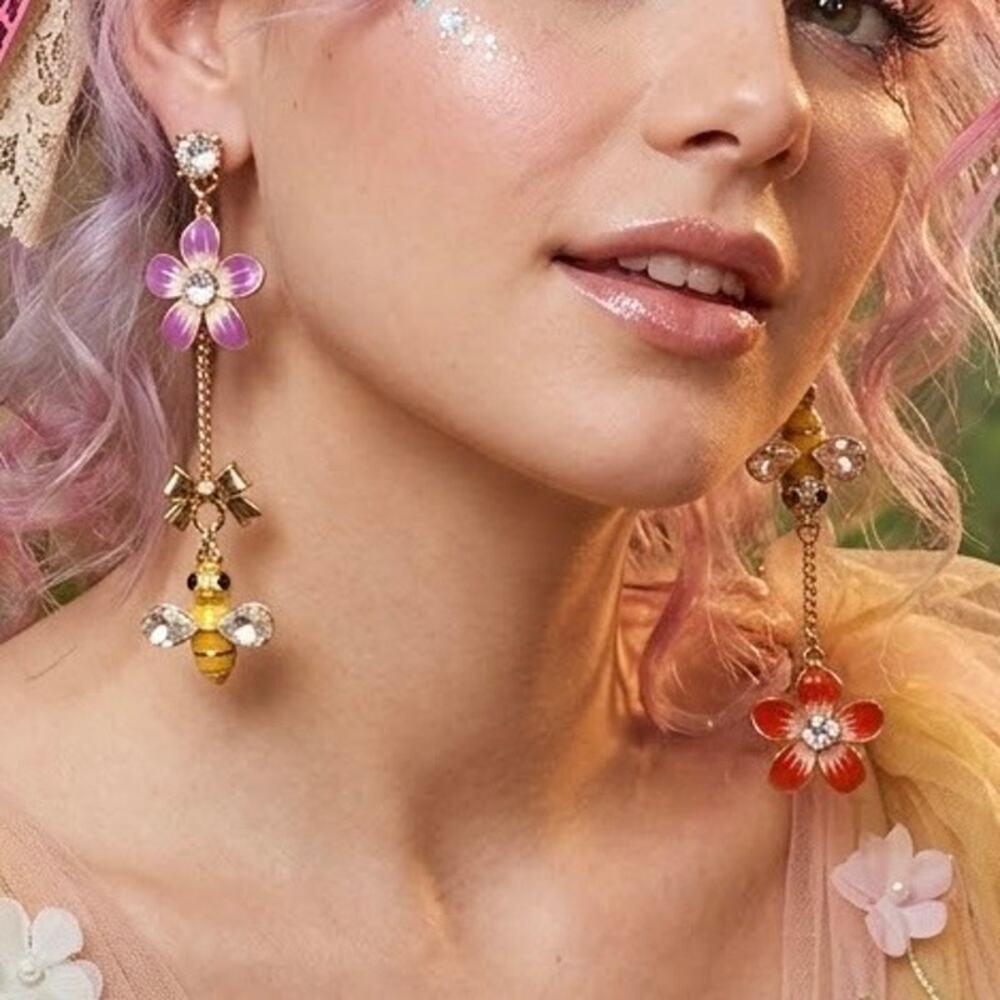 Rare Betsey Johnson mismatched bee flower bow drop earrings crystal accents
